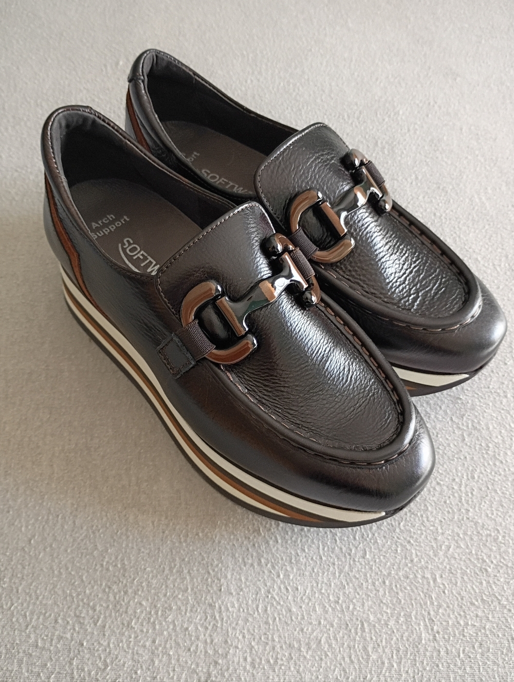 Softwaves Alina Cognac Leather Platform Loafers Size 38
